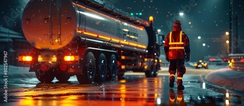 Professional Milk Tanker Driver Executing Safe Transport in Colorful Safety Gear
