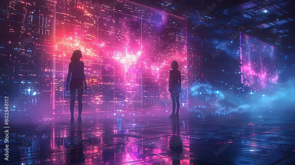 Futuristic Virtual Reality Experience with Two Users Exploring Digital Worlds