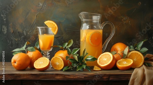 Composition with two glasses of orange juice, fruits and pitcher