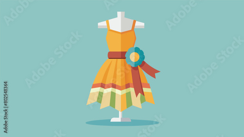 An upcycled dress made from repurposed curtains and vintage ribbons takes home the top prize at the thrift store art competition.. Vector illustration