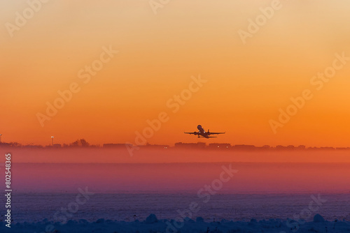 The plane is landing at dawn in heavy fog in winter. The silhouette of an airplane against the sky