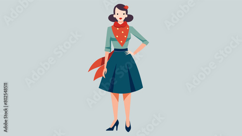 A retroinspired look with a printed scarf tied around the neck a thrifted Aline skirt and chunky Mary Jane heels.. Vector illustration