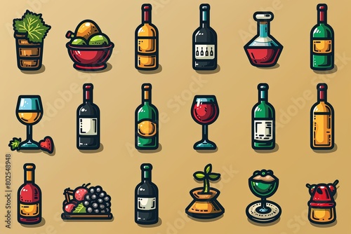 Wine Bar Icons: Elegant and Classy Set Representing Different Types of Wines