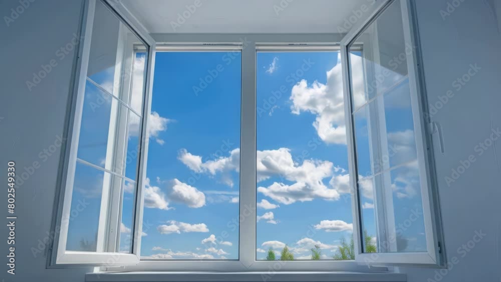 A window with a clear blue sky and clouds A window with a clear blue sky and clouds