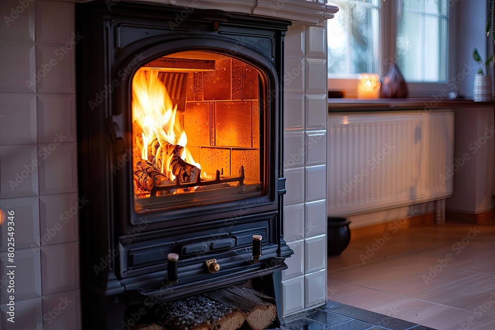 A fireplace with a fire burning in it. The fire is orange and the room is warm and cozy