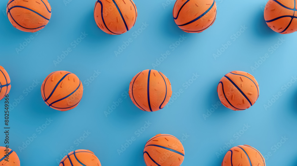 vibrant orange basketballs scattered on solid blue background