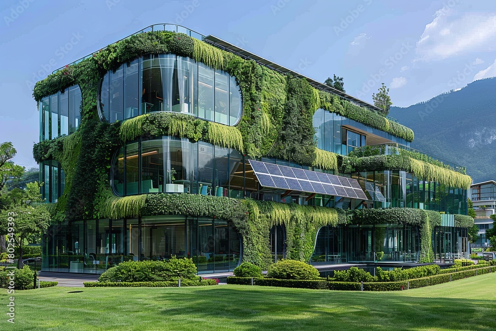Sustainable Office Building: Solar Panels & Green Roof Terrace Design ...