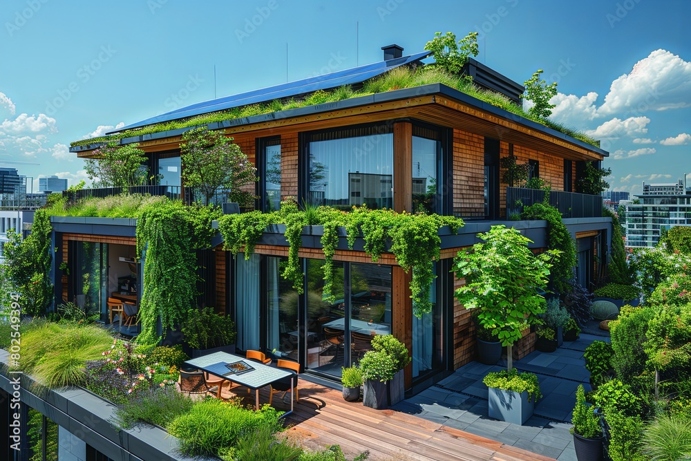 Fototapeta premium Solar-Powered Oasis: Eco-Friendly Office with Green Roof Terrace