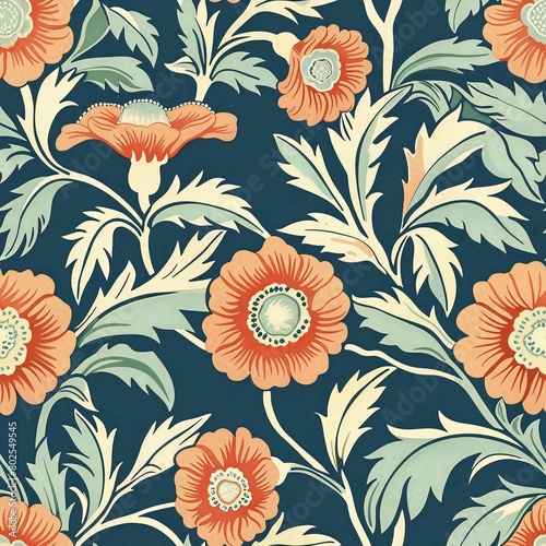 1930s inspired floral pattern wallpaper, orange flowers on teal background with white leaves, seamless