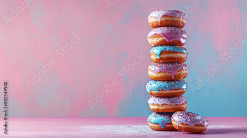 colorful donuts stacked on pink gradient background, with copy space for text photo