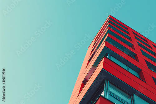 A sleek and modern red high-rise building against a clear blue sky.