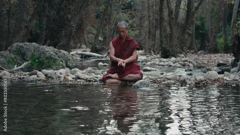 Elderly Monk Praying near a water Stream alone Elderly Monk Praying near a water Stream alone