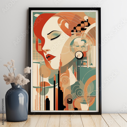 Frame on the table with abstract portrait face of woman, futuristic style, poster, card. vase with white flowers photo