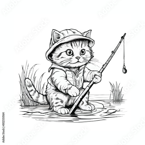 Black and white coloring book page of catfishing with a fishing rod vector design