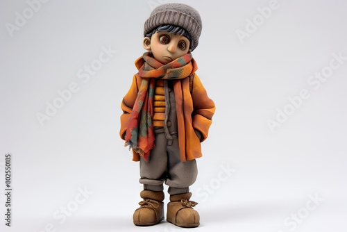 man character in a hat and scarf and jacket molded from plasticine on a white background photo