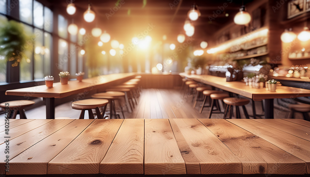 empty wooden table and blurred bokeh lights cafe background, mock up for display of product, montage your products empty wooden table and blurred bokeh lights cafe background, mock up for display of product, montage your products