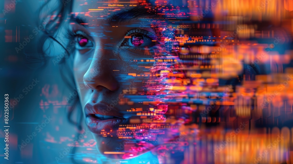 Digital composite of a woman's profile overlaid with vibrant, abstract color trails depicting motion and emotion. Digital composite of a woman's profile overlaid with vibrant, abstract color trails depicting motion and emotion.