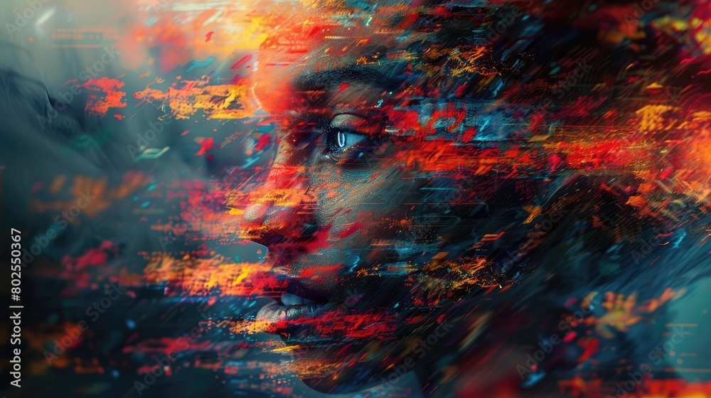 Digital composite of a woman's profile overlaid with vibrant, abstract color trails depicting motion and emotion. Digital composite of a woman's profile overlaid with vibrant, abstract color trails depicting motion and emotion.