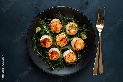 Fresh grilled scallops on a plate, garnished with parsley. Top view. Dark table top.