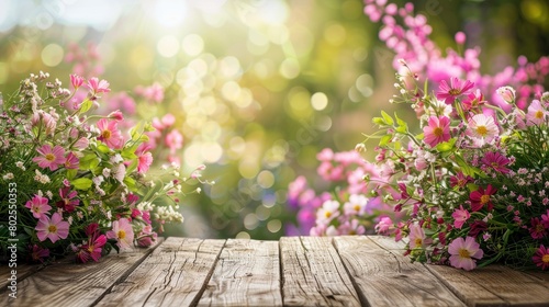 A beautiful bouquet of flowers is displayed on a wooden table. The flowers are pink and green, and they are arranged in a way that creates a sense of depth and dimension photo