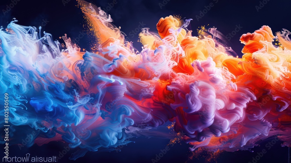 Obraz premium Abstract art featuring an explosive blend of vibrant colors in space, scattering bright particles across a dark background.