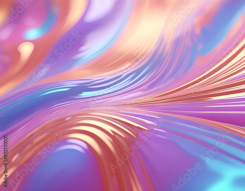 Dynamic Abstract Liquid Background with Colorful Rays, Bubbles, and Waves on Shiny Surface