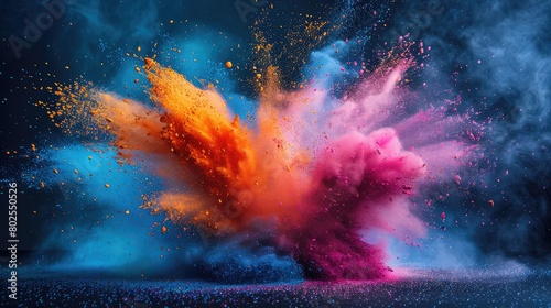 Abstract art featuring an explosive blend of vibrant colors in space  scattering bright particles across a dark background.