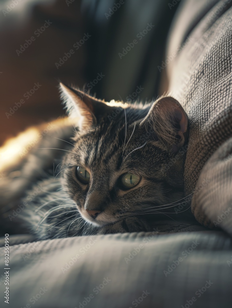 The striped cat is snuggled up on the sofa. Cute. Pets. Banner, poster, background