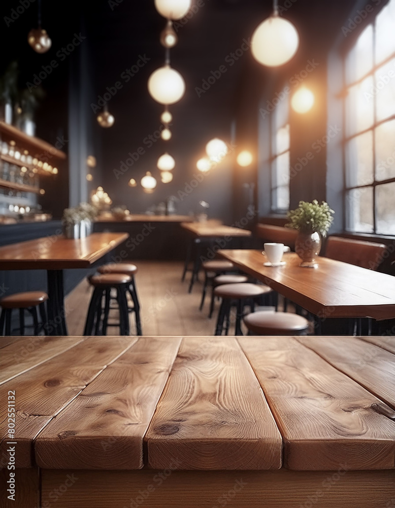 empty wooden table and blurred bokeh lights cafe background, mock up for display of product, montage your products empty wooden table and blurred bokeh lights cafe background, mock up for display of product, montage your products