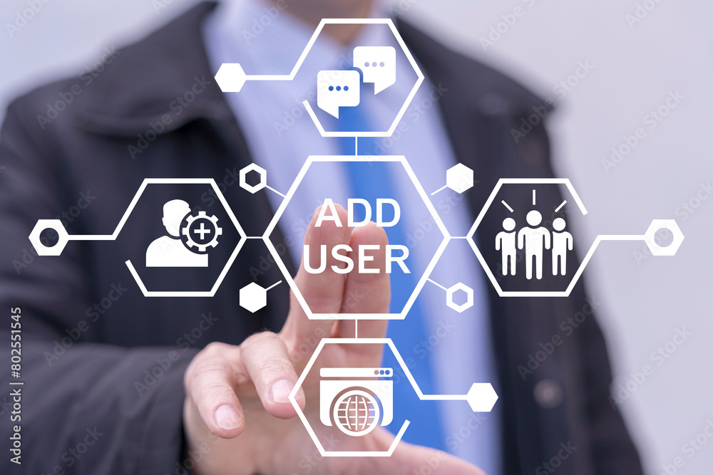 Business man using virtual touch screen presses inscription: ADD USER. Add user business technology web concept. New profile account. Business man using virtual touch screen presses inscription: ADD USER. Add user business technology web concept. New profile account.