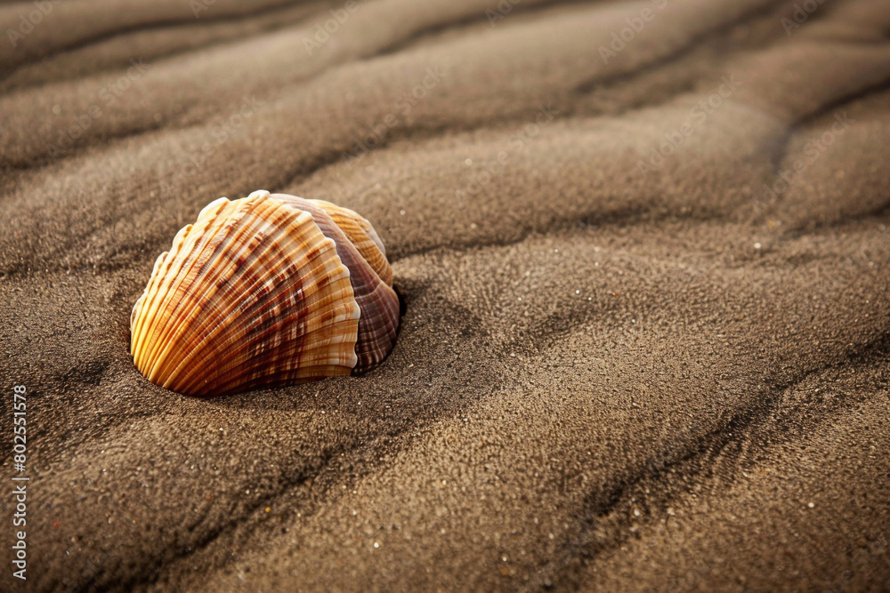 A single seashell resting on a bed of sand. A single seashell resting on a bed of sand.