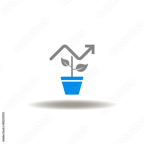 Vector illustration of pot grow plant and growth graph. Icon of profits. Symbol of investing revenue.