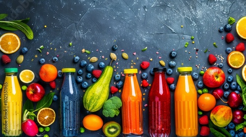 Multicolored smoothies and juices from vegetables, fruits and berries, food background