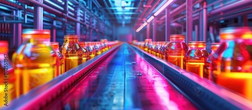 Colorful Lighting Illuminates a D Rendered Canning Machine in a Factory Setting