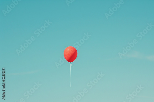 A single red balloon against a clear blue sky.