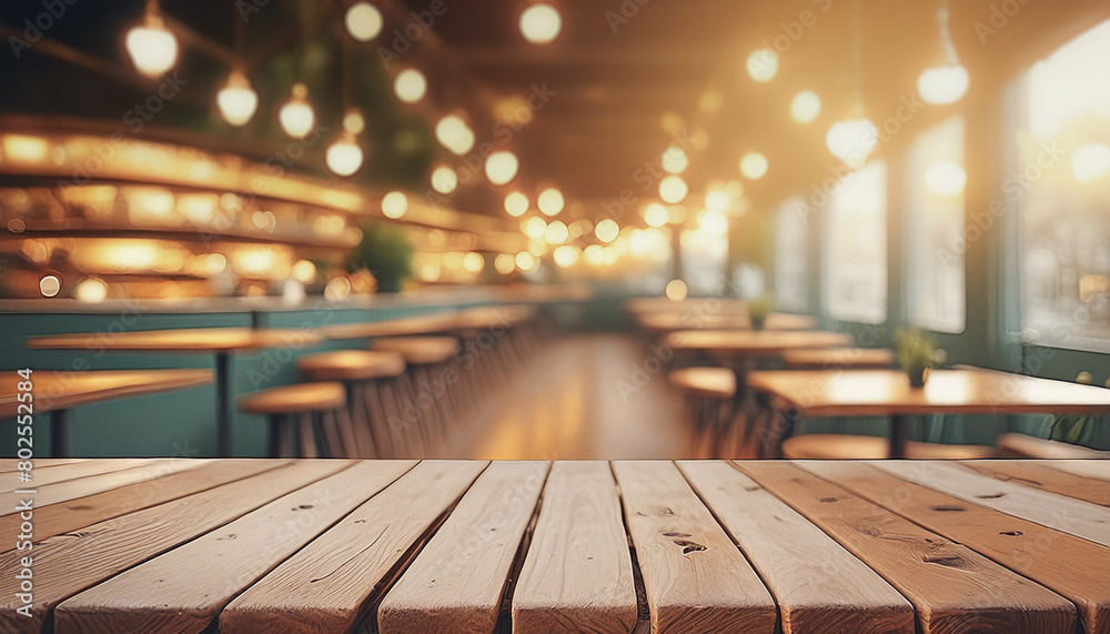 empty wooden table and blurred bokeh lights cafe background, mock up for display of product, montage your products empty wooden table and blurred bokeh lights cafe background, mock up for display of product, montage your products