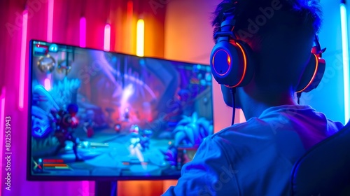 Gamer immersed in intense video game session  vibrant neon lights setting. Focus on action-packed gameplay. Engaging in esports at home. AI