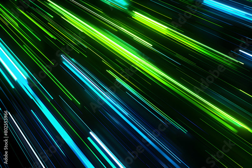 Abstract blue and green neon lines with glowing light streaks. Fantastic art on black background.
