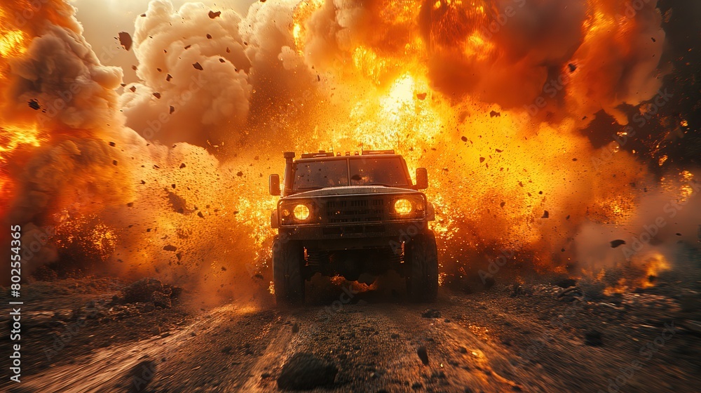 Explosive Action Scene with Off-Road Vehicle Explosive Action Scene with Off-Road Vehicle