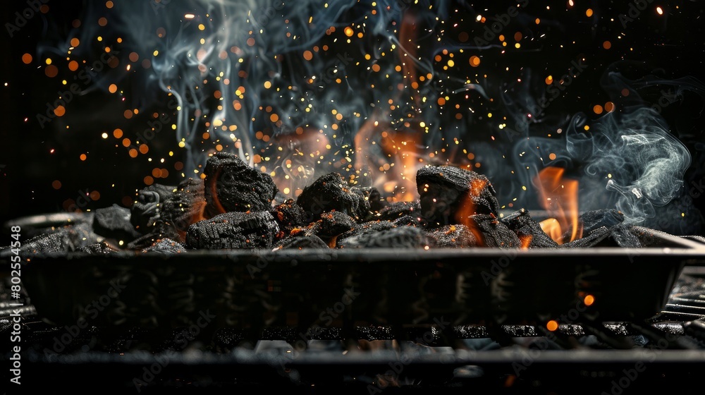 Hot burning coals on barbecue tray on black background with sparks and white smoke. Generative AI