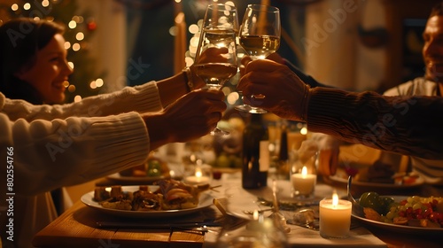 Joyful Friends Toasting with Wine at a Cozy Dinner Party. Intimate Gathering, Warm Atmosphere, Celebration Moment Captured. Casual Lifestyle Photography. AI