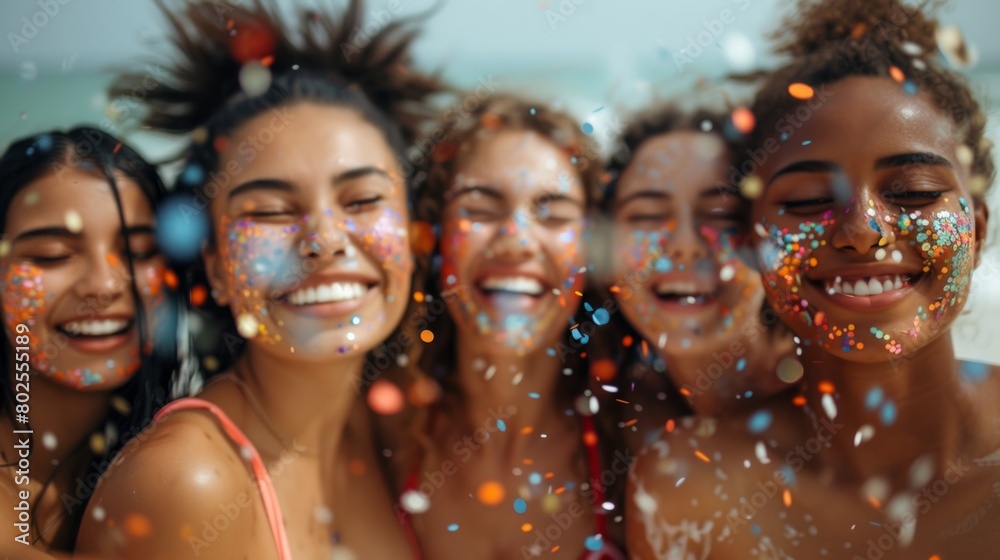 Joyful Young Women Celebrating With Colorful Confetti At A Sunny Beach Party Joyful Young Women Celebrating With Colorful Confetti At A Sunny Beach Party