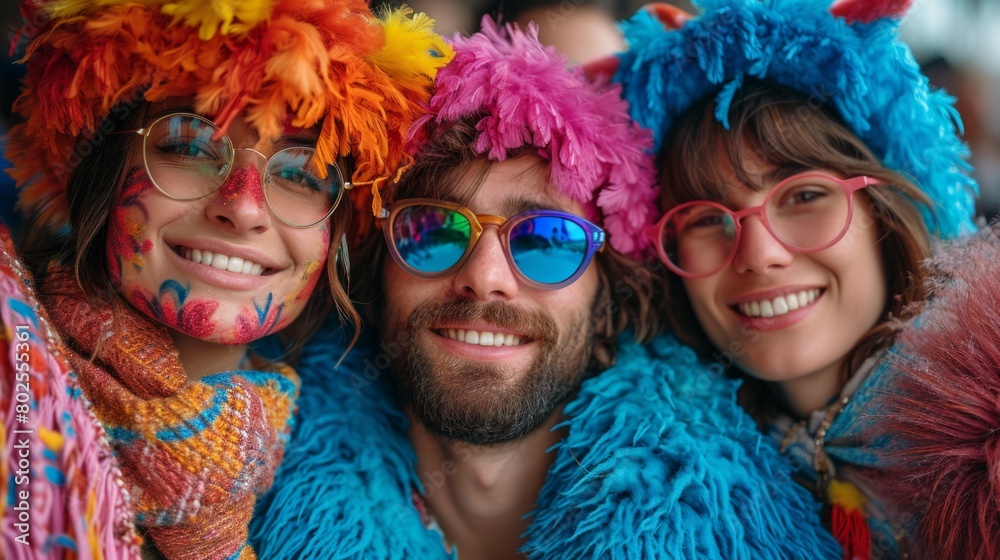 Vibrant Group Portrait at a Colorful Festival, Featuring Joyful Friends in Festive Attire