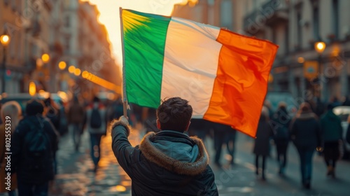 Patriotic Scene of a Man Holding the Irish Flag Proudly in a Busy Street at Sunset photo