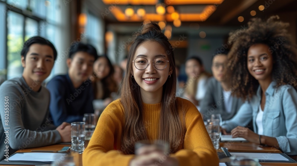 Diverse Team Meeting at Modern Cafe with Focus on Asian Woman in Front Diverse Team Meeting at Modern Cafe with Focus on Asian Woman in Front