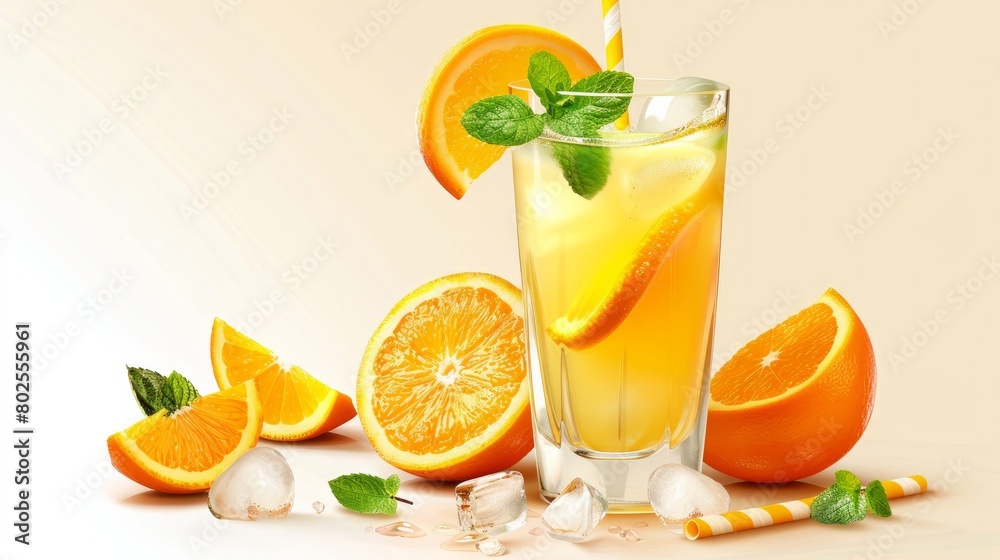 Summer drink. A glass of freshly squeezed orange juice. Sprig of mint and orange slices Summer drink. A glass of freshly squeezed orange juice. Sprig of mint and orange slices