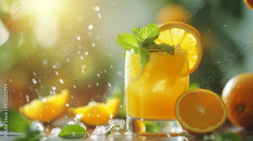 Summer drink. A glass of freshly squeezed orange juice. Sprig of mint and orange slices  photo