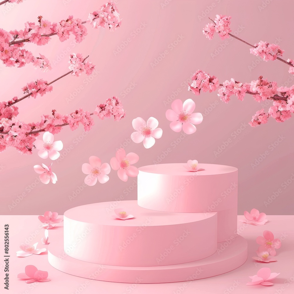 round podium with cherry blossom in pink background round podium with cherry blossom in pink background