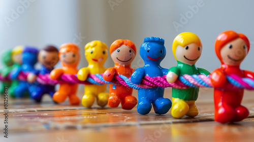 Diverse team unity. Line of miniature plastic figures engaged in a tug of war match on a wooden surface, reflecting teamwork and competition. The importance of working together towards a common goal.