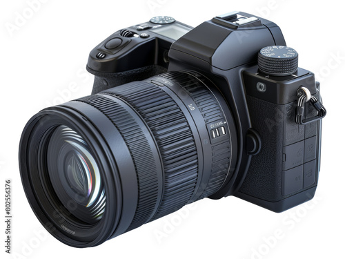 Professional DSLR camera with telephoto lens isolated on transparent background
